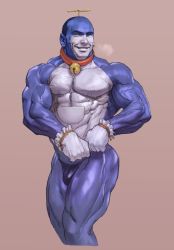 Rule 34 | 1boy, bell, blue panties, blue skin, collar, colored skin, doraemon, doraemon (character), male focus, manly, mogudan, muscular, neck bell, panties, parody, pectorals, simple background, solo, takecopter, underwear, what