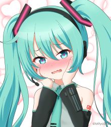 Rule 34 | 1girl, bare shoulders, black sleeves, blue eyes, blush, collared shirt, commentary request, detached sleeves, glowing, green hair, green necktie, grey shirt, hands on own face, hands up, hatsune miku, headphones, heart, heart-shaped pupils, long hair, long sleeves, mitya, necktie, nose blush, parted lips, shirt, sleeveless, sleeveless shirt, solo, symbol-shaped pupils, twintails, twitter username, upper body, vocaloid, wavy mouth
