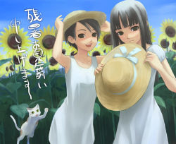 Rule 34 | 2girls, cat, dress, flower, hat, shimano natsume, sunflower, multiple girls