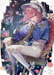 Rule 34 | 1boy, blue footwear, bonnet, chair, closed mouth, cookie, cushion, dated, ensemble stars!, food, gloves, green eyes, high-waist pants, himemiya tori, holding, itamidome, long sleeves, looking at viewer, macaron, on chair, pants, petals, pink hair, sitting, solo, trap, twitter username, white gloves, white legwear, white pants