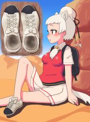 Rule 34 | 1girl, animal ears, bitashinmi, character request, highres, kemono friends, shoes, unworn shoes, sitting, smell, soles, solo, steam, white hair