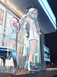 Rule 34 | ..., 1girl, bag, bare legs, blue eyes, blue footwear, bra, commentary, convenience store, feathered wings, food, food in mouth, full body, gawako, halo, heads-up display, highres, holding, holding bag, jacket, jewelry, key, key necklace, long sleeves, looking at viewer, necklace, night, night sky, original, outdoors, popsicle, robot, see-through, see-through jacket, shoes, shop, shopping bag, short hair, shorts, sky, sneakers, solo, spoken ellipsis, standing, two side up, underwear, white bra, white hair, white shorts, wings