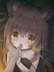 Rule 34 | 1boy, 1girl, animal ears, black dress, blush, brown hair, commentary request, dress, fangs, finger in another&#039;s mouth, finger sucking, food, fox ears, fox girl, green eyes, hair between eyes, holding, holding spoon, hungry, leaf, leaf on head, long hair, looking at viewer, open mouth, original, outdoors, paid reward available, pov, pov hands, psyche3313, saliva, sleeveless, sleeveless dress, solo focus, spoon, steam, upper body