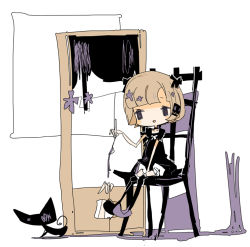 Rule 34 | 1girl, :d, animal, bare arms, between legs, black bow, black cat, black choker, black dress, black thighhighs, blonde hair, blunt bangs, blush stickers, bob cut, bow, cat, cat teaser, chair, choker, collarbone, dress, dress bow, eye contact, facing viewer, foot dangle, frilled sleeves, frills, full body, guillotine, guillotine girl (yukihi), hair bow, hair ornament, hand between legs, hand up, holding, light brown hair, limited palette, looking at another, looking to the side, no nose, on chair, open mouth, original, parted lips, puffy short sleeves, puffy sleeves, purple eyes, purple footwear, shadow, short hair, short sleeves, sitting, smile, thighhighs, white background, white bow, yukihi