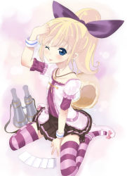 Rule 34 | 00s, 1girl, alternate hairstyle, binoculars, blonde hair, blue eyes, bow, card, card road, dojikko pose, jewelry, necklace, official alternate costume, one eye closed, patty fleur, pile of cards, ponytail, purple thighhighs, shoes, sitting, skirt, solo, striped clothes, striped thighhighs, tales of (series), tales of vesperia, thighhighs, tsukigami runa, wariza, white background, wink, wristband, zettai ryouiki