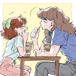 Rule 34 | +++, 1boy, 1girl, belt, bishoujo senshi sailor moon, blue eyes, blush, bow, brown hair, chocolate, closed eyes, commentary request, eyelashes, glass, green bow, grey pants, hair bow, hand up, holding, long hair, looking at another, nephrite (sailor moon), oosaka naru, open mouth, pants, parfait, pink pants, shirt, short sleeves, sitting, table, teeth, upper teeth only, vico (bibico)