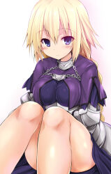 Rule 34 | 1girl, armor, armored dress, blonde hair, blue eyes, blush, braid, braided ponytail, breasts, chain, collar, dress, fate/apocrypha, fate (series), faulds, gauntlets, jeanne d&#039;arc (fate), jeanne d&#039;arc (ruler) (fate), large breasts, long hair, looking at viewer, metal collar, plackart, purple dress, sen (astronomy), sitting, smile, solo, thighs, very long hair