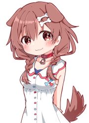 Rule 34 | 1girl, :3, animal collar, animal ears, arms behind back, bare arms, blush, bone hair ornament, braid, brown eyes, brown hair, buttons, chibi, closed mouth, collar, dog ears, dog girl, dog tail, dress, extra ears, hair between eyes, hair ornament, hairclip, hololive, inugami korone, inugami korone (1st costume), long hair, looking at viewer, low twin braids, low twintails, rabiiandrain, red collar, sleeveless, sleeveless dress, smile, solo, tail, twin braids, twintails, virtual youtuber, white background, white dress