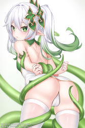 Rule 34 | 1girl, ass, bare shoulders, blush, bound, bound wrists, cameltoe, cleft of venus, cross-shaped pupils, dress, flat chest, from behind, gabriel evangel, genshin impact, gradient hair, green eyes, green hair, highres, leaning, leaning forward, long hair, looking at viewer, looking back, multicolored hair, nahida (genshin impact), plant, pointy ears, shiny clothes, shiny skin, short dress, side ponytail, slime (substance), solo, symbol-shaped pupils, thick thighs, thighhighs, thighs, thong, vines, white hair
