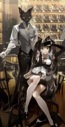 Rule 34 | 1girl, animal ears, black cat, black footwear, black hair, cane, cat, cat ears, cat girl, char, collared shirt, formal, furry, furry male, green eyes, hair intakes, highres, holding, holding cane, keki chogyegi, looking at viewer, open mouth, original, personification, school uniform, shirt, shoes, sitting, slit pupils, standing, suit, twintails, unworn shoes, white legwear, yellow neckwear