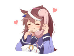Rule 34 | 1girl, animal ears, arm up, blush, bow, brown hair, closed mouth, commentary, corded phone, cropped torso, double-parted bangs, facing viewer, hair bow, hand up, heart, high ponytail, holding, holding phone, horse ears, horse girl, long sleeves, multicolored hair, phone, pink bow, purple serafuku, purple shirt, purple sweater vest, school uniform, serafuku, shirt, sidelocks, simple background, smile, solo, split mouth, streaked hair, sweater vest, tokai teio (umamusume), tsukimi (rivia), umamusume, white background, white bow, white hair