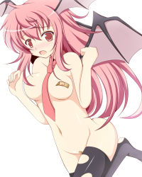 Rule 34 | 1girl, bad id, bad pixiv id, bandaid, bandaid on pussy, bandaids on nipples, bat wings, between breasts, black thighhighs, blush, breasts, censored, convenient censoring, embarrassed, embodiment of scarlet devil, fang, female focus, hair censor, head wings, koakuma, long hair, maebari, naked necktie, navel, necktie, necktie between breasts, nude, pasties, pink eyes, pink hair, rin (ateria), solo, thighhighs, torn clothes, torn thighhighs, touhou, very long hair, wings