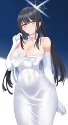 Rule 34 | 1girl, alternate eye color, black hair, blue archive, blunt bangs, breasts, choker, cleavage, collarbone, covered navel, dress, elbow gloves, evening gown, gloves, gradient background, halo, head tilt, hidis0086, highres, large breasts, light blush, long hair, looking at viewer, night, night sky, official alternate costume, parted lips, playing with own hair, purple eyes, saori (blue archive), saori (dress) (blue archive), sidelocks, sky, standing, star (sky), starry sky, teeth, thick thighs, thighs, white choker, white dress, white gloves, white halo