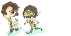 Rule 34 | 2boys, animification, apex legends, arm tattoo, black eyes, black gloves, black hair, black pantyhose, boots, cable, chibi, crypto (apex legends), fingerless gloves, gloves, green shorts, green vest, hands in pockets, highres, holding, holding syringe, jacket, looking to the side, male focus, mechanical legs, multiple boys, octane (apex legends), pantyhose, parted hair, roki. (user vkdn7485), shorts, syringe, tattoo, vest, walking, white footwear, white jacket