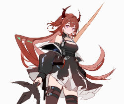 Rule 34 | 1girl, arknights, bare shoulders, black dress, black jacket, breasts, brown thighhighs, cleavage, closed mouth, cowboy shot, detached collar, dress, highres, holding, holding sword, holding weapon, horns, huge weapon, jacket, long hair, long sleeves, looking at viewer, medium breasts, off shoulder, open clothes, open jacket, pouch, purple eyes, red hair, rero (bigdoorbig2), simple background, solo, surtr (arknights), sword, thigh strap, thighhighs, underbust, very long hair, weapon, white background, zettai ryouiki