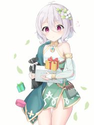Rule 34 | 1girl, antenna hair, bare shoulders, blush, box, bridal gauntlets, closed mouth, collarbone, commentary request, detached sleeves, dress, flower, flying sweatdrops, gift, gift bag, gift box, gluteal fold, hair between eyes, hair flower, hair ornament, highres, holding, holding gift, kokkoro (princess connect!), leaf, long sleeves, mizu (lzzrwi603), hugging object, pointy ears, princess connect!, puffy long sleeves, puffy sleeves, purple eyes, see-through, see-through sleeves, silver hair, simple background, sleeveless, sleeveless dress, solo, white background, white dress, white flower
