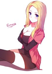Rule 34 | 1girl, black thighhighs, blonde hair, blue eyes, blush, breasts, caidychen, cleavage, collarbone, cowboy shot, crossed arms, crossed legs, dress, emma (caidychen), large breasts, long sleeves, looking at viewer, original, simple background, sitting, solo, thighhighs, white background, zettai ryouiki