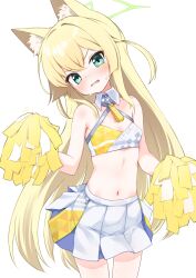 Rule 34 | 1girl, absurdres, alternate costume, animal ear fluff, animal ears, blonde hair, blue archive, blush, breasts, cheerleader, commentary request, cowboy shot, criss-cross halter, detached collar, fox ears, fox girl, green eyes, green halo, hair between eyes, halo, halterneck, hands up, head tilt, highres, holding, holding pom poms, kurumi (blue archive), long hair, looking at viewer, midriff, millennium cheerleader outfit (blue archive), miniskirt, navel, parted lips, partial commentary, pleated skirt, pom pom (cheerleading), pom poms, simple background, skirt, small breasts, solo, sota, sports bra, sweat, two side up, very long hair, white background