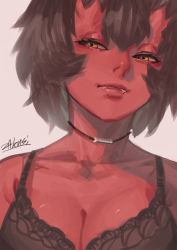 Rule 34 | 1girl, artist name, black bra, bra, breasts, brown hair, cleavage, colored skin, fangs, fangs out, jewelry, looking at viewer, necklace, oni, original, red skin, red theme, short hair, simple background, sketch, solo, underwear, underwear only, upper body, yellow eyes, zakusi