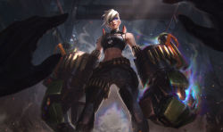 Rule 34 | 1girl, breasts, camouflage, camouflage pants, crop top, dog tags, earrings, facial mark, gauntlets, jewelry, league of legends, looking at viewer, medium breasts, midriff, navel, official art, pants, pov, psy ops vi, raikoart, short hair, solo focus, vi (league of legends), white hair