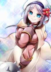 Rule 34 | 1girl, acolyte (ragnarok online), blue eyes, blue flower, blush, breasts, brown capelet, brown gloves, brown shirt, brown skirt, capelet, closed mouth, commentary request, cowboy shot, flower, gloves, grey hair, hat, hat flower, highres, holding mace, large breasts, long sleeves, looking at viewer, mace, parted bangs, ragnarok online, red flower, shirt, short hair, skirt, smile, solo, spiked mace, spikes, takaha momo, tam (ragnarok online), weapon, white hat