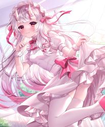 Rule 34 | 1girl, alternate costume, ass, blush, commentary request, finger to mouth, hair ribbon, hololive, horns, long hair, looking at viewer, maid headdress, nakiri ayame, oni, red eyes, ribbon, skin-covered horns, skirt hold, solo, thighhighs, tress ribbon, usano, virtual youtuber, white hair, white thighhighs, wrist cuffs