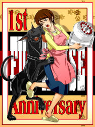 Rule 34 | 1girl, apron, brown eyes, brown hair, cake, cover, dog, earrings, english text, food, housewife, jewelry, looking back, mature female, open mouth, paw print, short hair, skirt, standing, standing on one leg, surprised, tankuro (funhouse), torso grab