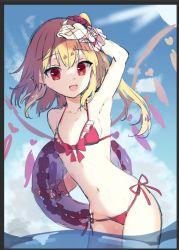 Rule 34 | 1girl, :d, bikini, black border, blonde hair, blue sky, border, breasts, buoy, chisiro unya (unya draw), cleavage, cloud, cowboy shot, crystal, flandre scarlet, hand up, holding, holding swim ring, innertube, looking at viewer, medium hair, navel, one side up, open mouth, partially submerged, pointy ears, red bikini, red eyes, sky, small breasts, smile, solo, standing, sun, swim ring, swimsuit, touhou, wings, wrist cuffs