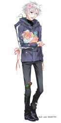Rule 34 | 1boy, artist name, blood, blood on clothes, bouquet, command spell, crest worm, fate/zero, fate (series), flower, gift, hair flower, hair ornament, hood, hoodie, male focus, matou kariya, pants, solo, torn clothes, torn pants, ume2888, watermark, white hair