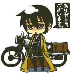 Rule 34 | 00s, 1girl, androgynous, artist request, black eyes, black hair, chibi, hermes (kino no tabi), kino (kino no tabi), kino no tabi, long coat, luggage, motor vehicle, motorcycle, short hair, solo, text focus, translation request, vehicle
