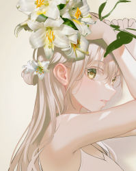 Rule 34 | 1girl, arms up, bare shoulders, beige background, blonde hair, blush, breasts, cleavage, flower, half updo, hands up, highres, holding, holding flower, lily (flower), long hair, looking at viewer, orchid, original, parted lips, portrait, simple background, solo, tank top, tokkyu, white flower, white tank top, yellow eyes
