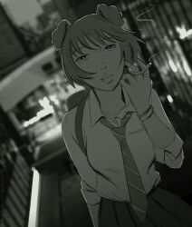 Rule 34 | 1girl, absurdres, animal ear piercing, animal ears, backpack, bag, cigarette, commentary, diagonal-striped clothes, diagonal-striped necktie, dog ears, dog girl, dutch angle, earrings, english commentary, greyscale, highres, hitsuji (hitsujigoods), holding, holding cigarette, jewelry, lip ring, loose necktie, medium hair, mitsu (hitsujigoods), monochrome, necktie, original, photo background, pleated skirt, skirt, smoke, solo, striped clothes, upper body
