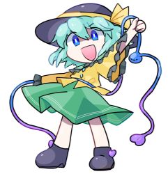 Rule 34 | 1girl, arm up, black footwear, black hat, blue eyes, boots, child, chromatic aberration, clenched hand, female focus, flat chest, frilled shirt, frilled sleeves, frills, green hair, green skirt, happy, hat, hat ribbon, heart, komeiji koishi, long sleeves, looking at viewer, lotosu, open mouth, outstretched arm, ribbon, shirt, short hair, sidelocks, simple background, skirt, smile, solo, stitches, third eye, touhou, v-shaped eyebrows, white background, wide sleeves, yellow ribbon, yellow shirt