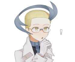 Rule 34 | !, 1boy, blonde hair, blue hair, colress (pokemon), commentary request, creatures (company), game freak, glasses, gloves, highres, lab coat, male focus, mio14s, multicolored hair, nintendo, pokemon, pokemon bw2, simple background, solo, two-tone hair, upper body, white background, white gloves