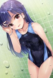 Rule 34 | 1girl, bare shoulders, blue hair, blush, bracelet, breasts, collarbone, commentary request, competition swimsuit, covered navel, cowboy shot, idolmaster, idolmaster (classic), jewelry, kisaragi chihaya, long hair, looking at viewer, medium breasts, one-piece swimsuit, open mouth, red eyes, showering, smile, solo, swimsuit, water, wet, yokaze japan