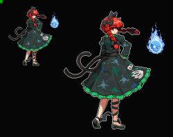 Rule 34 | 1girl, animal ears, bad id, bad twitter id, black background, black bow, black footwear, bow, cat ears, cat tail, closed mouth, dress, floating skull, from behind, full body, hair bow, hand on own hip, kaenbyou rin, long hair, looking at viewer, multiple views, namako daibakuhatsu, no socks, pixel art, profile, red eyes, red hair, shoes, simple background, smile, standing, tail, touhou, twintails