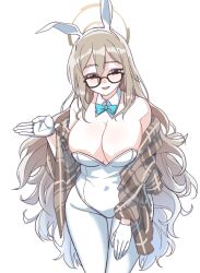 Rule 34 | 1girl, absurdres, akane (blue archive), akane (bunny) (blue archive), blue archive, blue necktie, breasts, brown eyes, brown hair, glasses, gloves, halo, highres, large breasts, leotard, long hair, necktie, nya (73809635), playboy bunny, solo, thighhighs, white gloves, white thighhighs