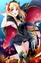 Rule 34 | absurdres, armpits, asymmetrical sleeves, blonde hair, blush, bow, cape, earrings, ereshkigal (fate), fate/grand order, fate (series), gold trim, hair bow, highres, hoop earrings, jewelry, len (hand linke), long hair, multicolored cape, multicolored clothes, open mouth, parted bangs, red cape, single sleeve, tiara, two-sided cape, two-sided fabric, two side up, uneven sleeves, yellow eyes