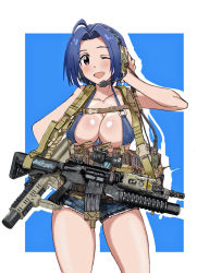 Rule 34 | 1girl, ;d, aai corporation, ahoge, airtronic usa, ammunition pouch, ar-15, assault rifle, bikini, blue bikini, blue hair, blush, breasts, cleavage, colt&#039;s manufacturing company, colt defense, commentary request, cowboy shot, cutoffs, denim, denim shorts, diemaco, grenade launcher, gun, gun sling, hand on headphones, headset, idolmaster, idolmaster (classic), knight&#039;s armament company, large breasts, laser sight, lewis machine and tool company, load bearing equipment, load bearing vest, m203, m4 carbine, magazine (weapon), medium breasts, military, milkor mgl, miura azusa, mk 18 carbine, nakamura 3sou, one eye closed, open mouth, pouch, radio, revolver grenade launcher, rifle, rm equipment, scope, short hair, short shorts, shorts, simple background, smile, solo, swimsuit, thighs, u.s. ordnance, underbarrel grenade launcher, vertical forward grip, weapon