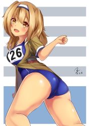 Rule 34 | 10s, 1girl, ass, blush, breasts, brown eyes, dated, hairband, i-26 (kancolle), kantai collection, kneeling, koruta (nekoimo), light brown hair, long hair, looking back, name tag, new school swimsuit, one-piece swimsuit, open clothes, open mouth, sailor collar, school swimsuit, short sleeves, signature, smile, solo, swimsuit, swimsuit under clothes, two-tone hairband, two side up