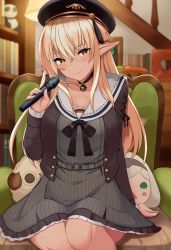Rule 34 | 1girl, absurdres, beret, black hat, blonde hair, blush, breasts, chair, dark-skinned female, dark skin, elf, hat, highres, holding, holding phone, hololive, large breasts, long hair, looking at viewer, phone, pipin try, pointy ears, red eyes, shiranui flare, shiranui flare (street), sitting, skirt, smile, solo, virtual youtuber