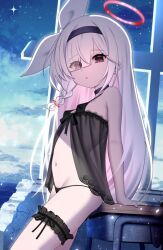 1girl blue_archive grey_eyes long_hair looking_at_viewer multicolored_hair otakummm outdoors panties plana_(blue_archive) solo two-tone_hair underwear white_hair