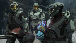 Rule 34 | 3boys, absurdres, armor, battle rifle, br55, bullpup, commentary, english commentary, gun, halo: combat evolved, halo (series), halo 3, highres, holding, holding gun, holding weapon, looking to the side, male focus, master chief, multiple boys, multiple persona, needler, power armor, prototype design, rifle, rythayze, science fiction, spartan (halo), weapon