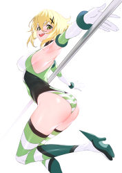 Rule 34 | 1girl, absurdres, akatsuki kirika, armpits, ass, blonde hair, blush, breasts, elbow gloves, from behind, gloves, green eyes, highres, leotard, looking at viewer, looking back, medium breasts, open mouth, pole dancing, senki zesshou symphogear, shiny skin, short hair, simple background, smile, solo, striped clothes, striped thighhighs, sweat, thighhighs, ulrich (tagaragakuin), wedgie, white background