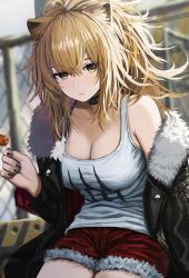 Rule 34 | 1girl, animal ears, arknights, bare shoulders, black choker, black jacket, blonde hair, blurry, blurry background, breasts, brown eyes, candy, choker, cleavage, commentary, food, fur-trimmed jacket, fur-trimmed shorts, fur trim, hair between eyes, holding, holding food, jacket, large breasts, lion ears, lollipop, long hair, long sleeves, looking at viewer, nail polish, off shoulder, open clothes, open jacket, red shorts, s.u. (simpleu818), shorts, siege (arknights), solo, tank top, white tank top