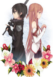 Rule 34 | 10s, 1boy, 1girl, asuna (sao), back-to-back, black hair, brown eyes, brown hair, detached sleeves, elbow gloves, flower, gloves, half updo, itsui (dihydrogenmonoxid), kirito, long hair, minase yuu, own hands clasped, own hands together, sword, sword art online, weapon