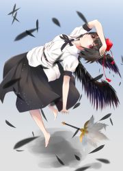 Rule 34 | 1girl, ankh (ankh 05), barefoot, black hair, black wings, feathers, hand fan, hat, highres, no shoes, puffy short sleeves, puffy sleeves, red eyes, shameimaru aya, shirt, short hair, short sleeves, skirt, smile, solo, tokin hat, touhou, wings