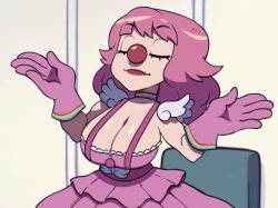 Rule 34 | 1girl, ace attorney, arms at sides, breasts, choker, cleavage, cleavage cutout, clothing cutout, clown girl, closed eyes, female focus, geiru toneido, gloves, large breasts, lipstick, long hair, makeup, multicolored clothes, pink hair, skirt, solo, suspender skirt, suspenders