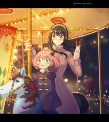 Rule 34 | 2girls, amusement park, anya (spy x family), black hair, carousel, child, closed mouth, coat, duffel coat, gloves, gonyan w, green eyes, hairband, hairpods, highres, letterboxed, long hair, medium hair, mother and daughter, multiple girls, open mouth, pink hair, red eyes, sidelocks, smile, spy x family, turtleneck, yor briar
