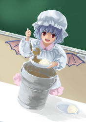 Rule 34 | 1girl, alternate costume, apron, bat wings, blue hair, chalk, chalkboard, classroom, commentary request, curry, dress, dutch angle, fangs, food, hat, highres, mob cap, open mouth, perspective, pink dress, plate, red eyes, remilia scarlet, rice, sasurai no kuchibuefuki, school, short hair, smile, soup ladle, table, teeth, tongue, touhou, wings